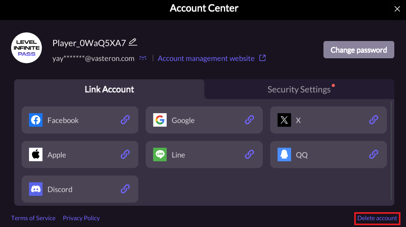 Image: Open Account Center with delete account button