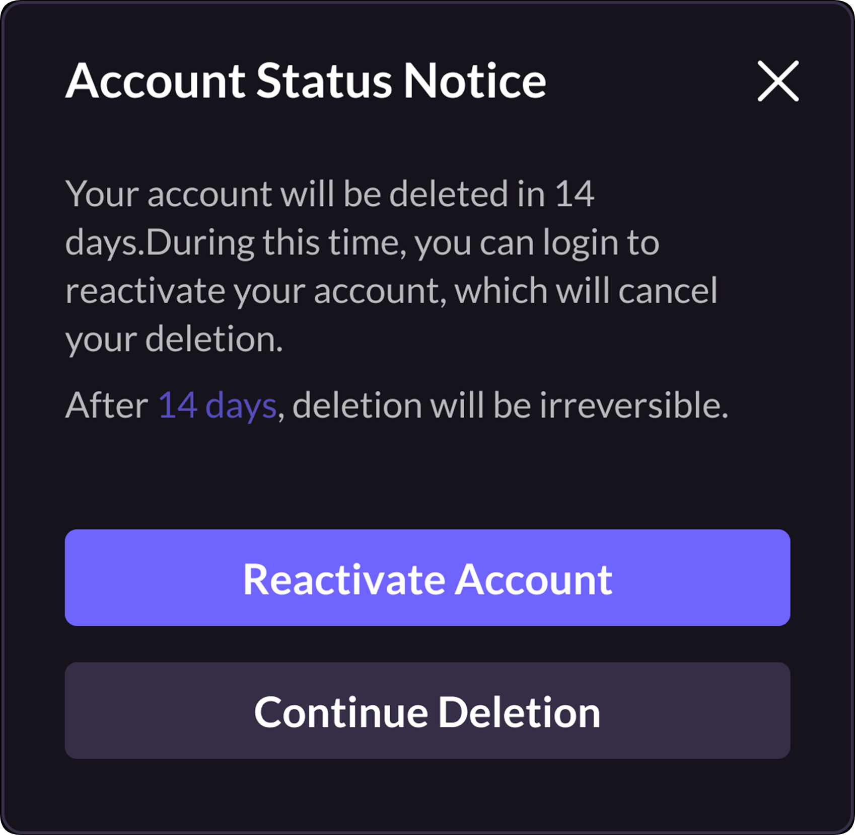 Image: Open Account Center with delete account button