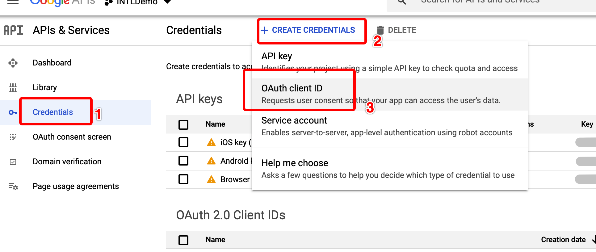 Image: Google, create OAuth clients