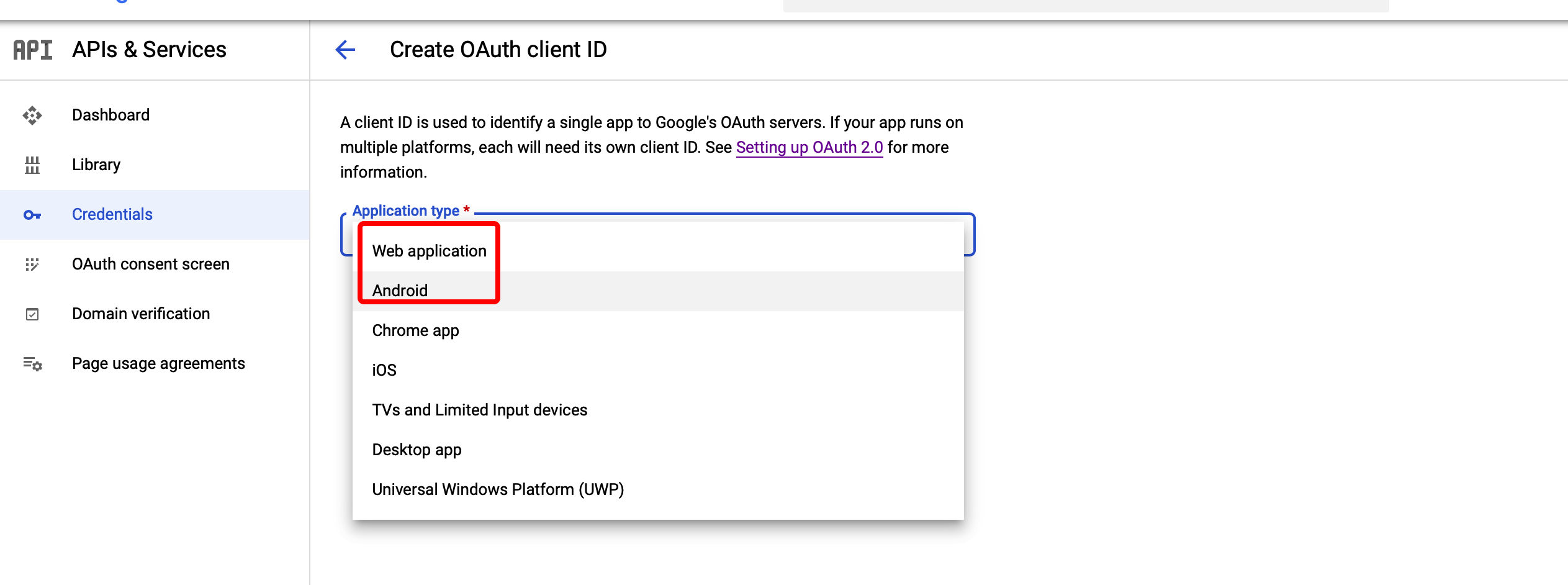 Image: Google, create Android and Web clients