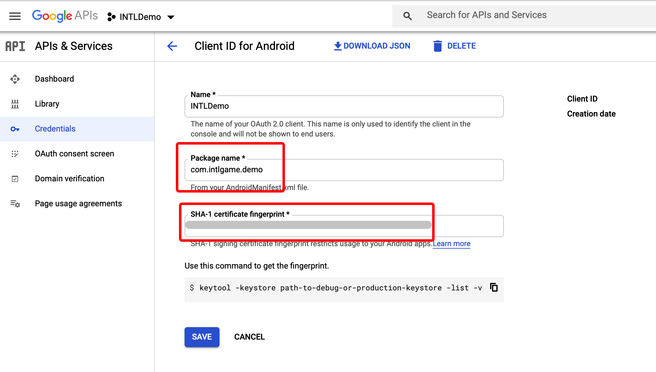 Image: Google, create an Android client