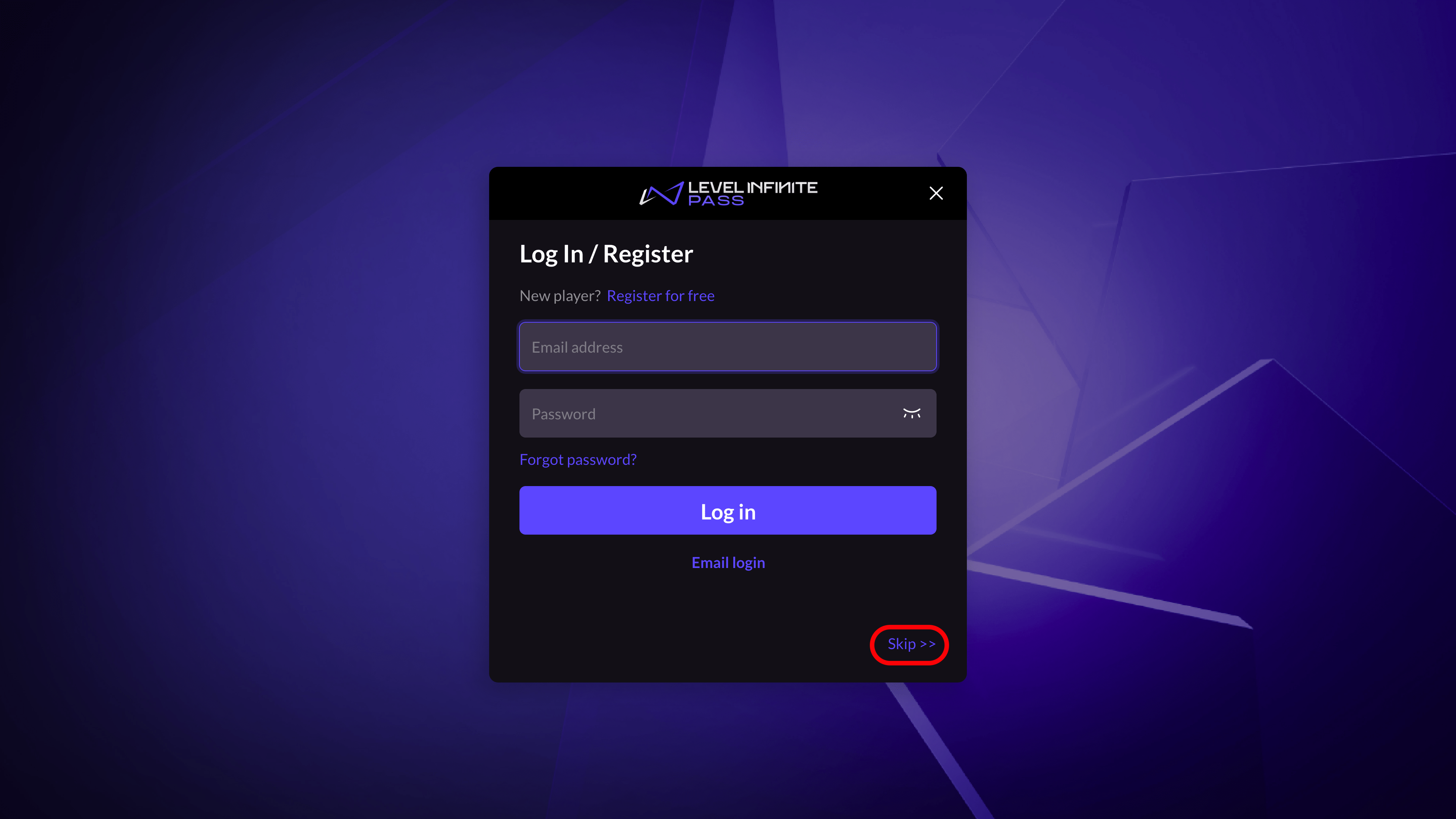 Image: LI PASS console login with skip button