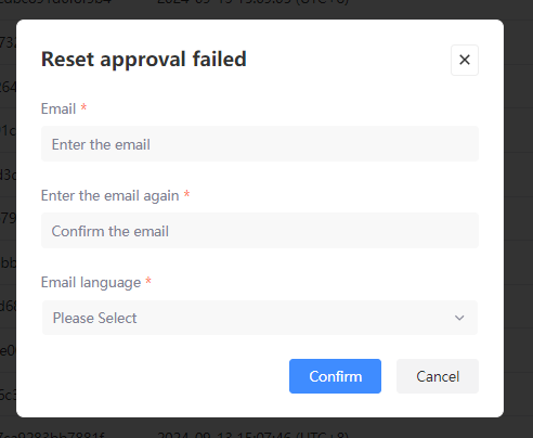 Reset request failed popup